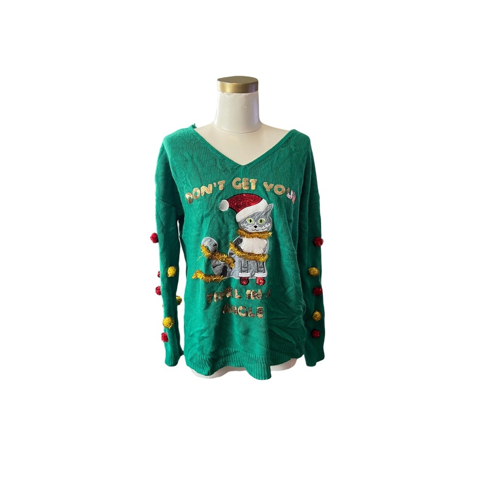 Francescas Christmas Sweater Green Cat Tinsel Holiday Pom Pom Womens